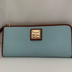 Dooney & Bourke Light Blue Pebble Leather Zip-Around Wallet with Brown Trim